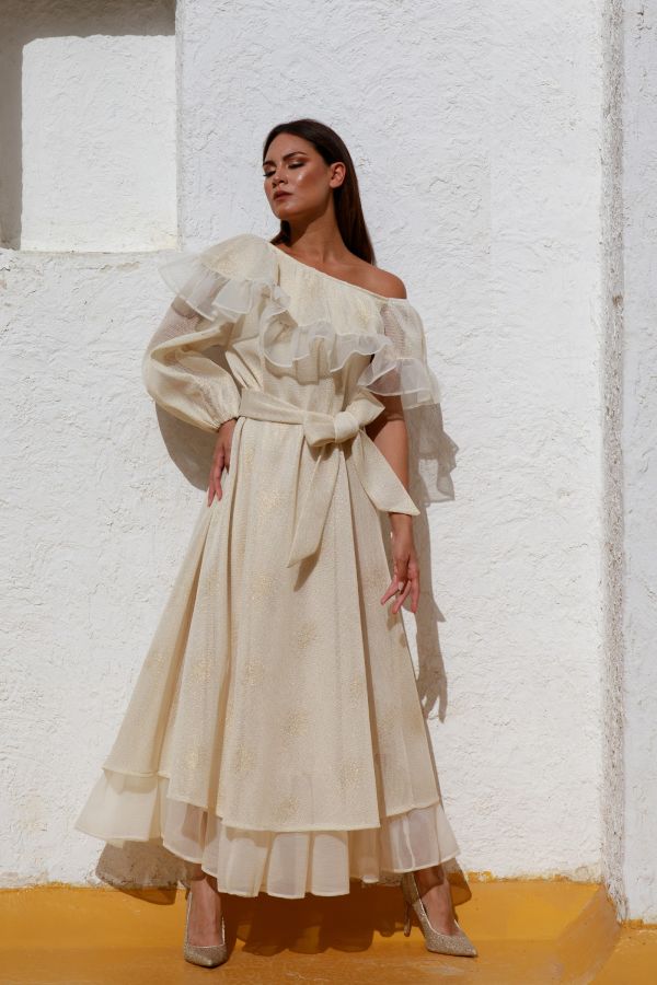  Asymmetric Sleeves Cream Dress