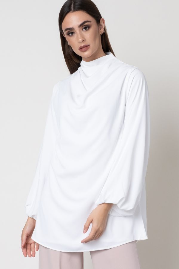 White Cowl Neck Shirt with Puff Sleeves