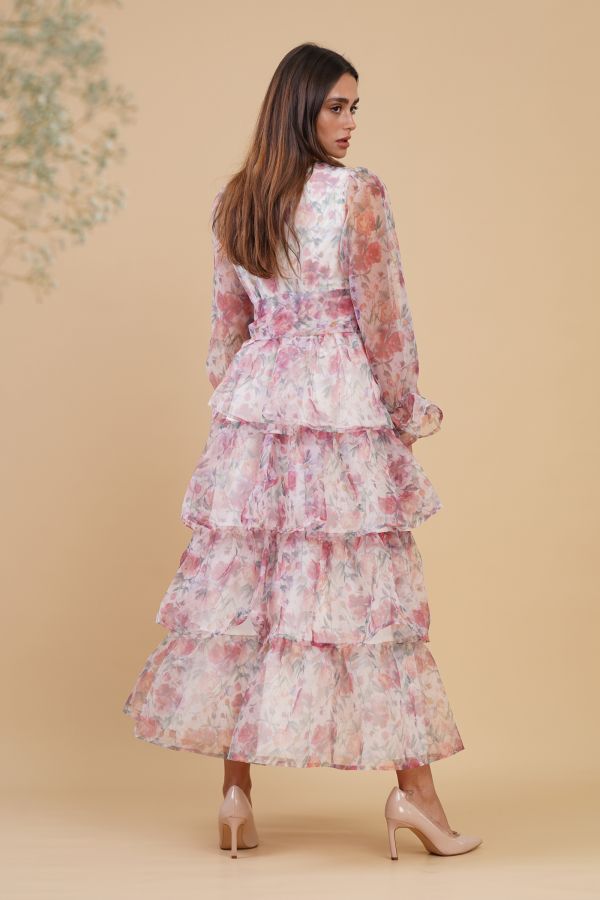 Long Sleeves Organza Floral Dress with Ruffles