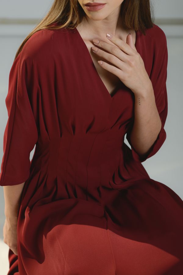 Burgundy Dress With Waist Pleats 
