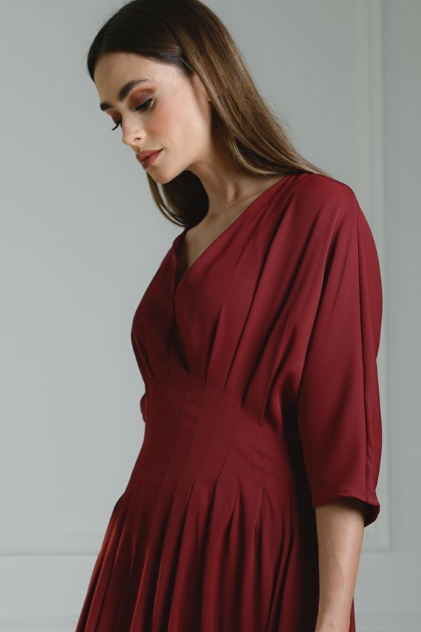 Burgundy Dress With Waist Pleats 