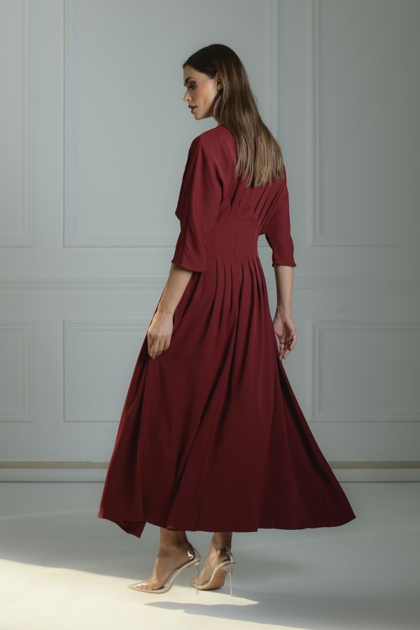 Burgundy Dress With Waist Pleats 