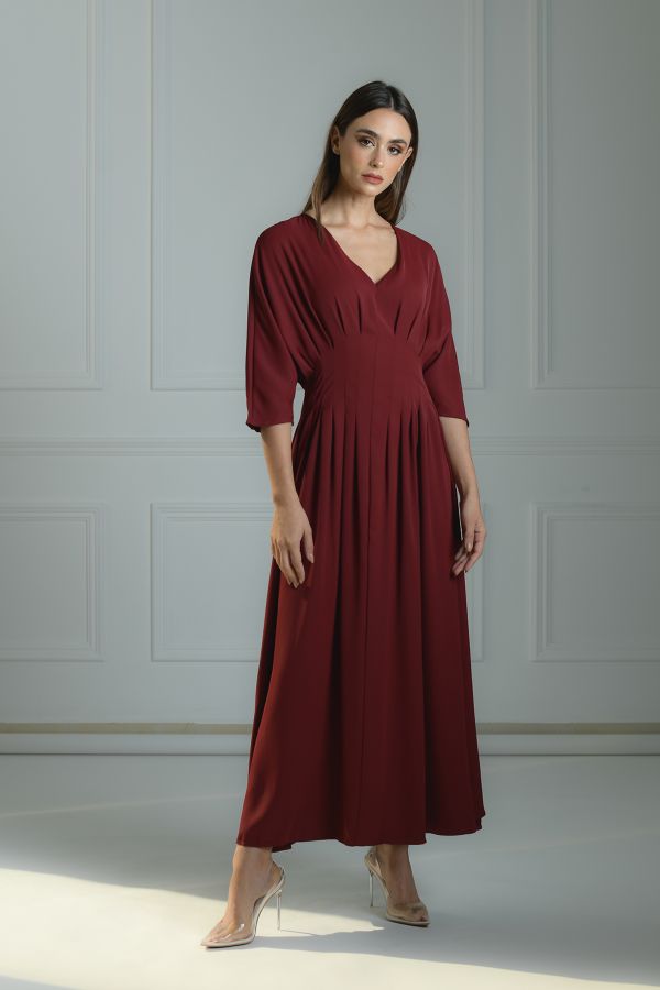 Burgundy Dress With Waist Pleats 