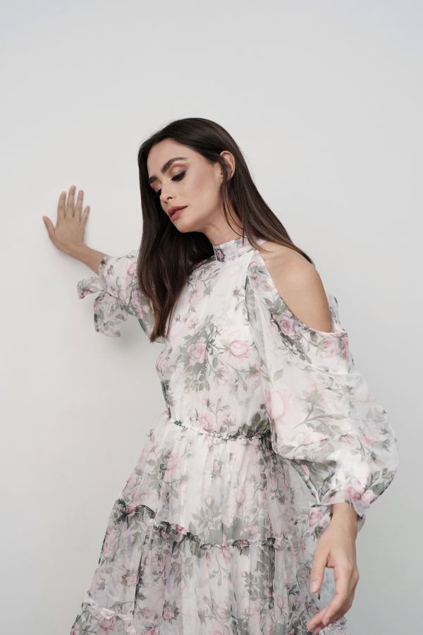 Floral cold shoulder dress with tie sleeves