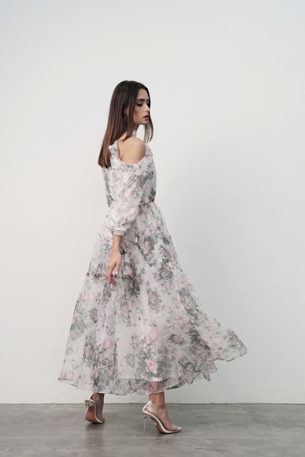 Floral cold shoulder dress with tie sleeves Le Merge