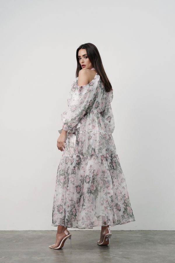 Floral cold shoulder dress with tie sleeves
