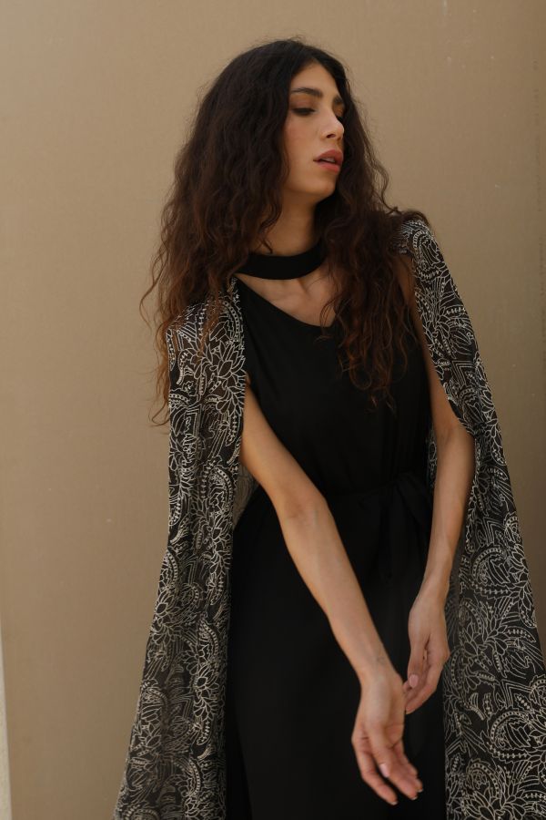 V-Neck Black Cape Dress