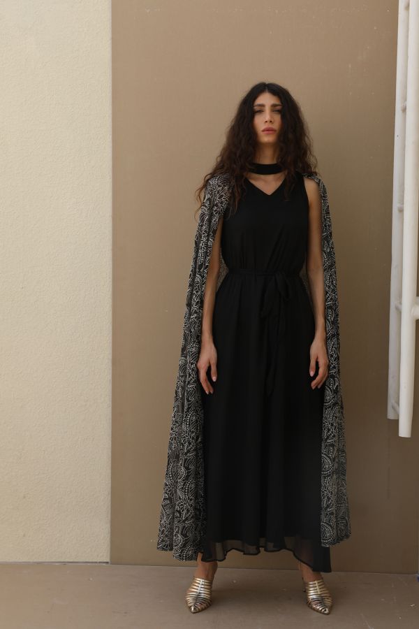 V-Neck Black Cape Dress