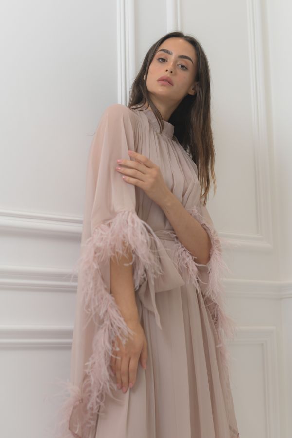 Pink Dress with Feather Cape Sleeves 