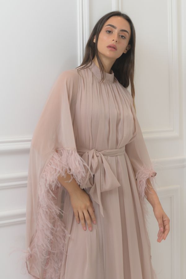 Pink Dress with Feather Cape Sleeves 