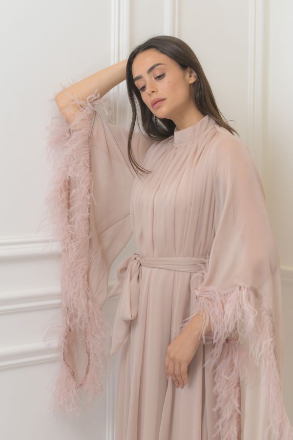 Pink Dress with Feather Cape Sleeves 
