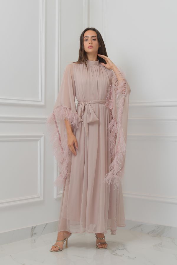 Pink Dress with Feather Cape Sleeves 