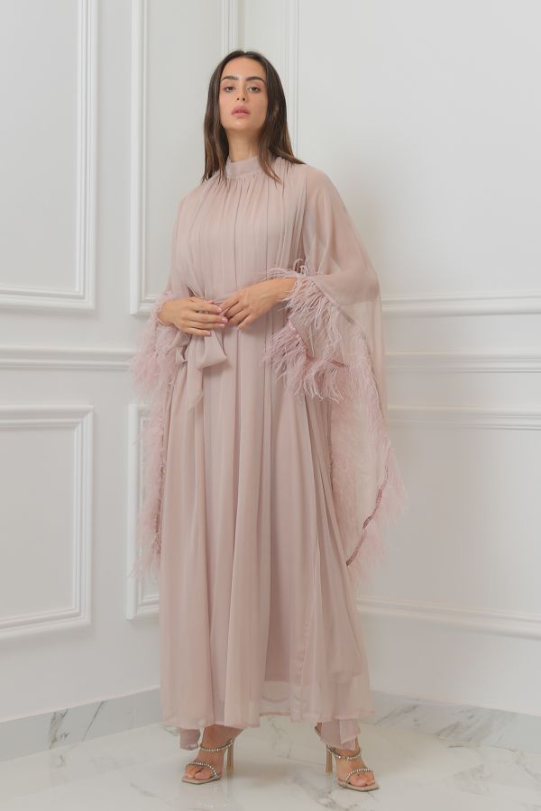 Pink Dress with Feather Cape Sleeves 