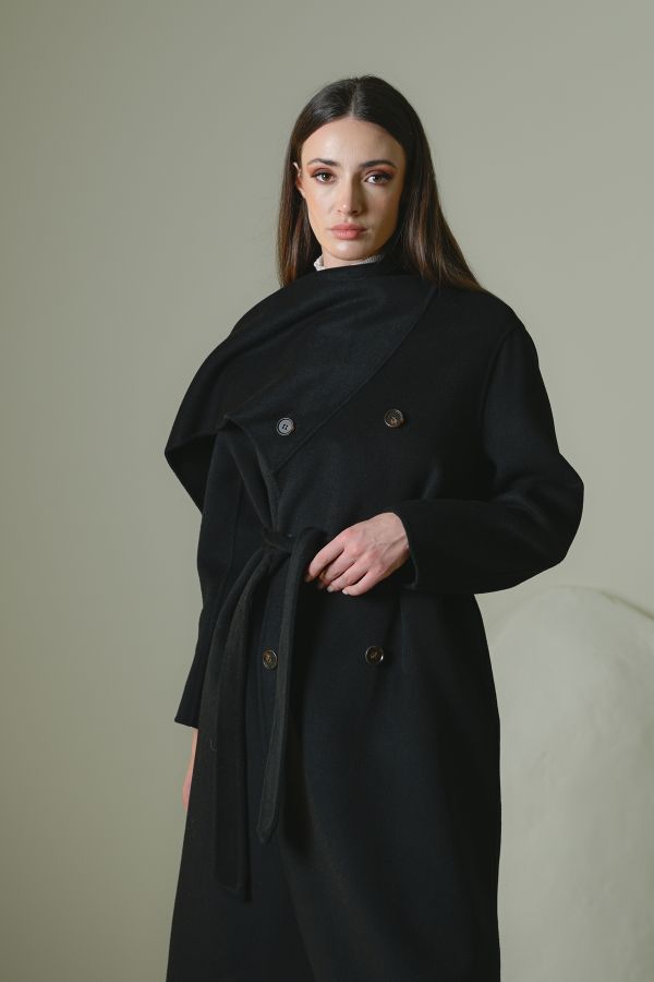 Black Wool Coat With Scarf