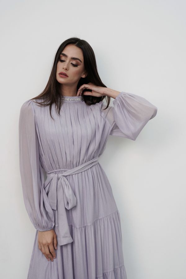 Purple Tiered Dress with Strass Collar
