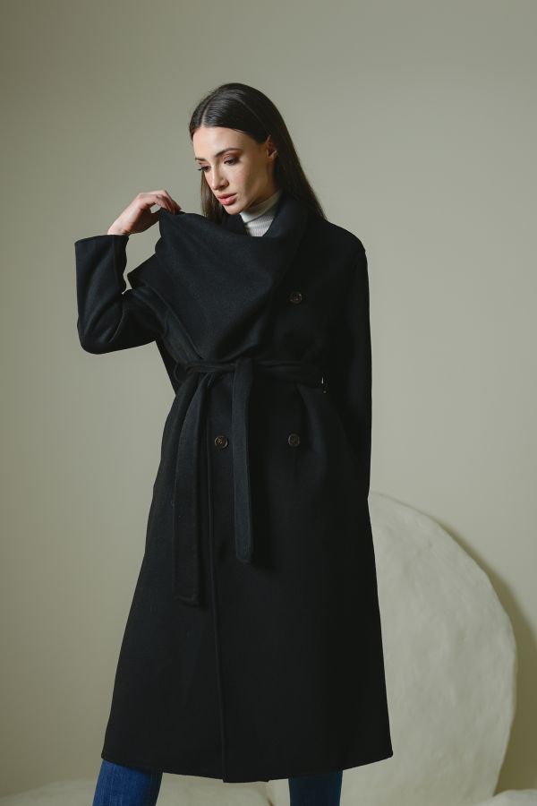 Black Wool Coat With Scarf