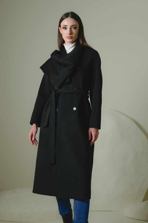 Black Wool Coat With Scarf