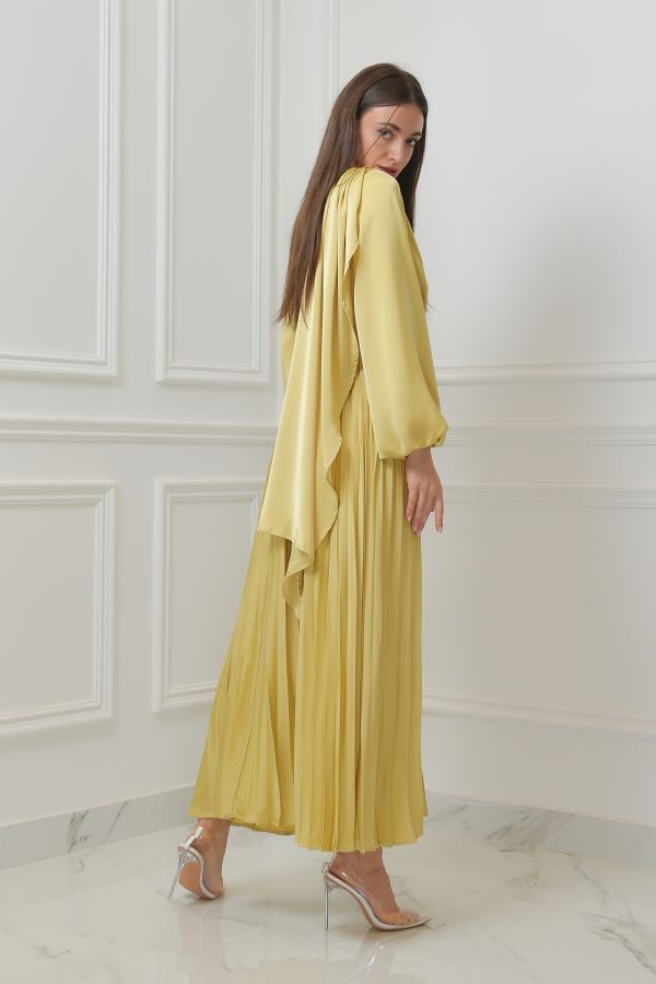 Yellow Pleated Dress with Scarf