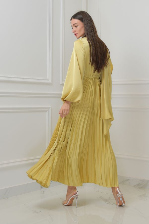 Yellow Pleated Dress with Scarf