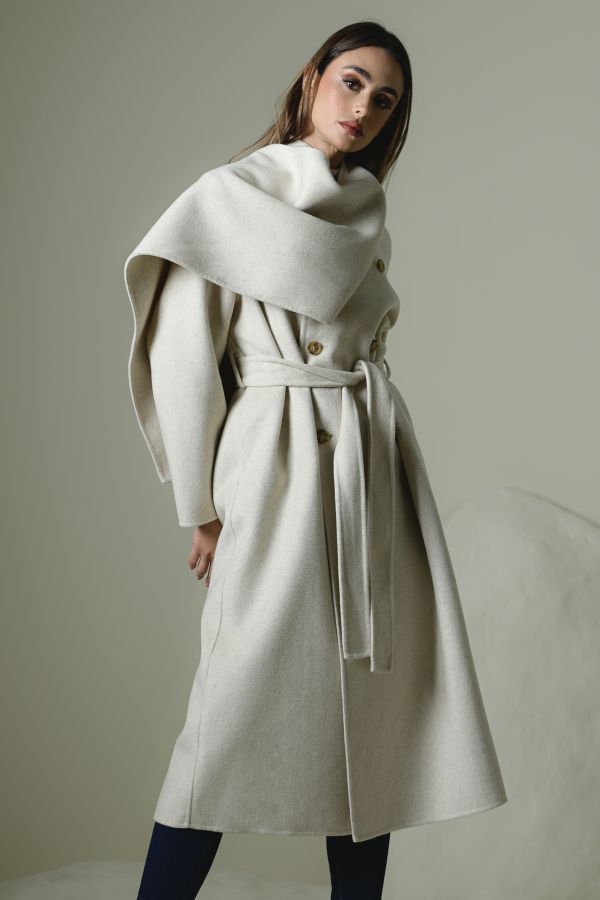 Cream Wool Coat With Scarf