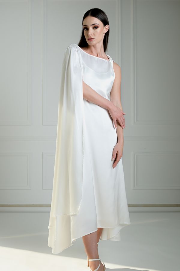White Asymmetric Dress With Shoulder Twist