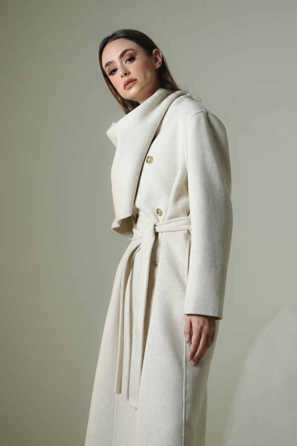 Cream Wool Coat With Scarf