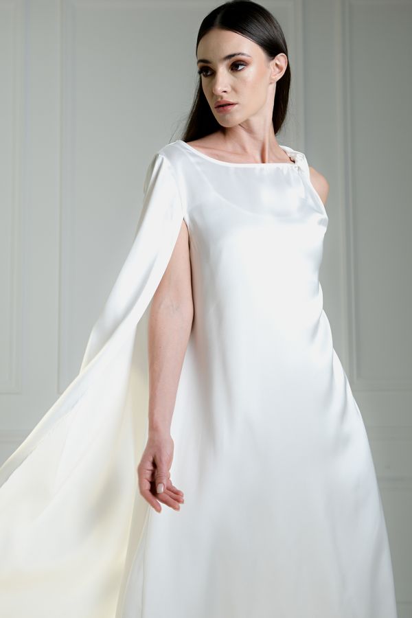 White Asymmetric Dress With Shoulder Twist