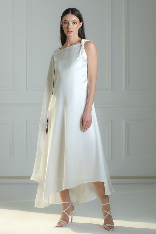White Asymmetric Dress With Shoulder Twist