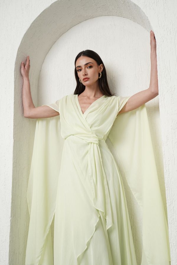 Yellow gathered waist dress with cape3 Le Merge
