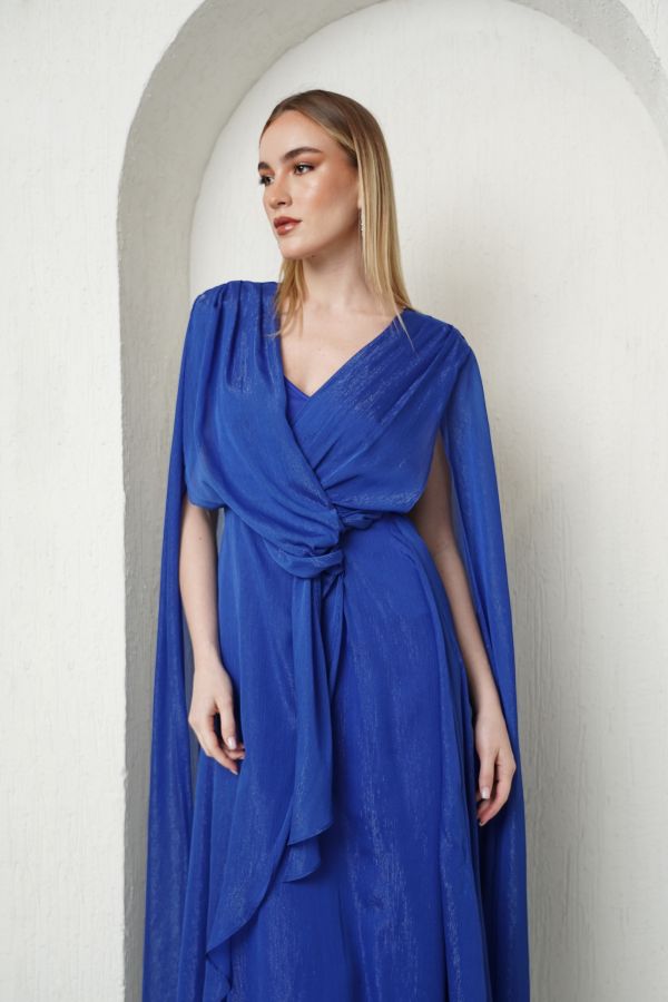 Blue gathered waist dress with cape