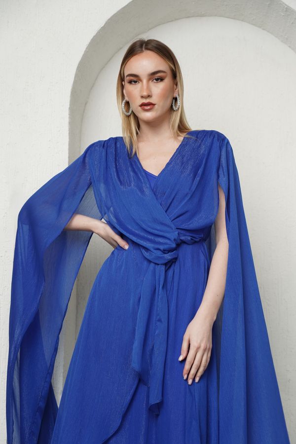 Blue gathered waist dress with cape