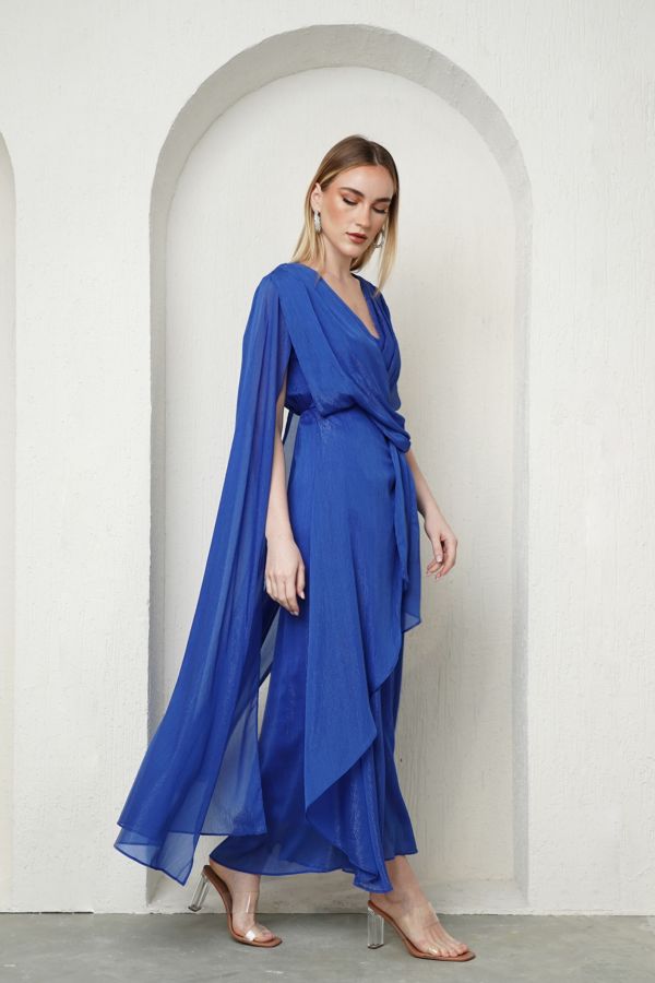 Blue gathered waist dress with cape