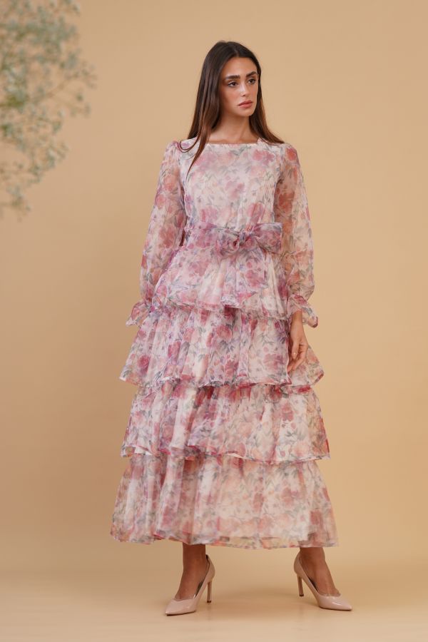 Long Sleeves Organza Floral Dress with Ruffles