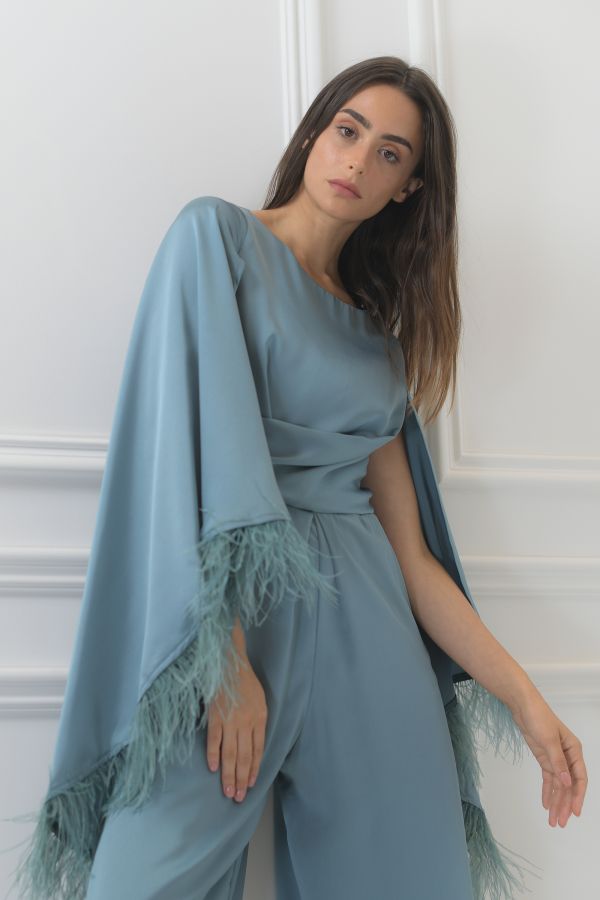 Blue Jumpsuit with Feather Sleeves
