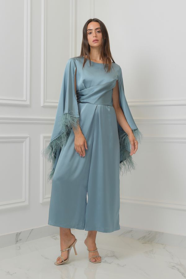 Blue Jumpsuit with Feather Sleeves