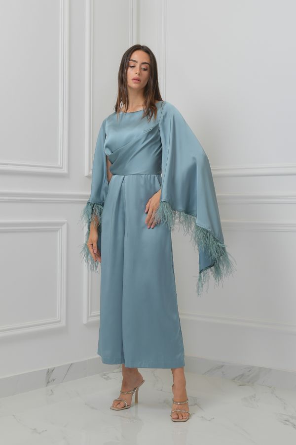 Blue Jumpsuit with Feather Sleeves