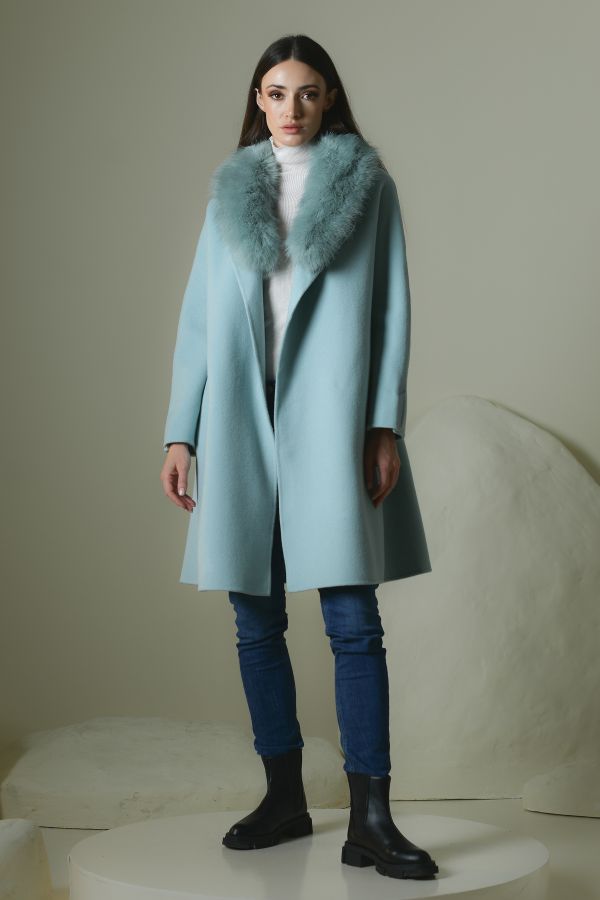 Blue Wool Jacket With Faux Fur Collar 