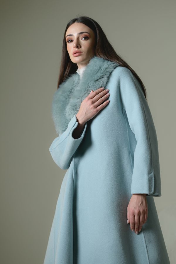 Blue Wool Jacket With Faux Fur Collar 