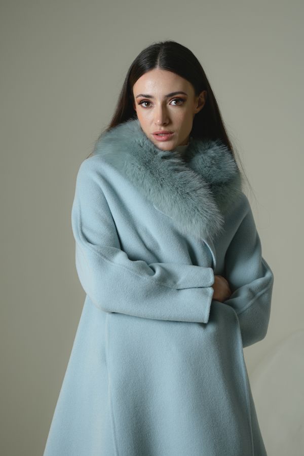 Blue Wool Jacket With Faux Fur Collar 