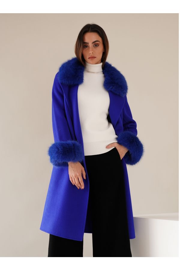 Royal blue wool jacket with faux fur  