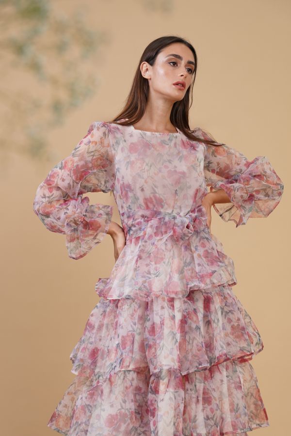 Long Sleeves Organza Floral Dress with Ruffles