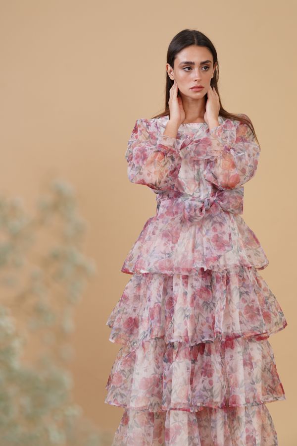 Long Sleeves Organza Floral Dress with Ruffles