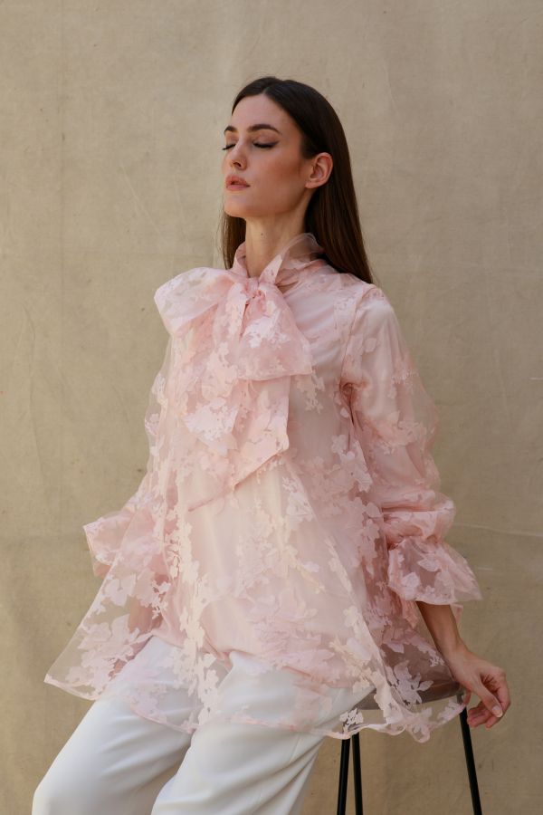 Pink Organza Floral Shirt with Bow