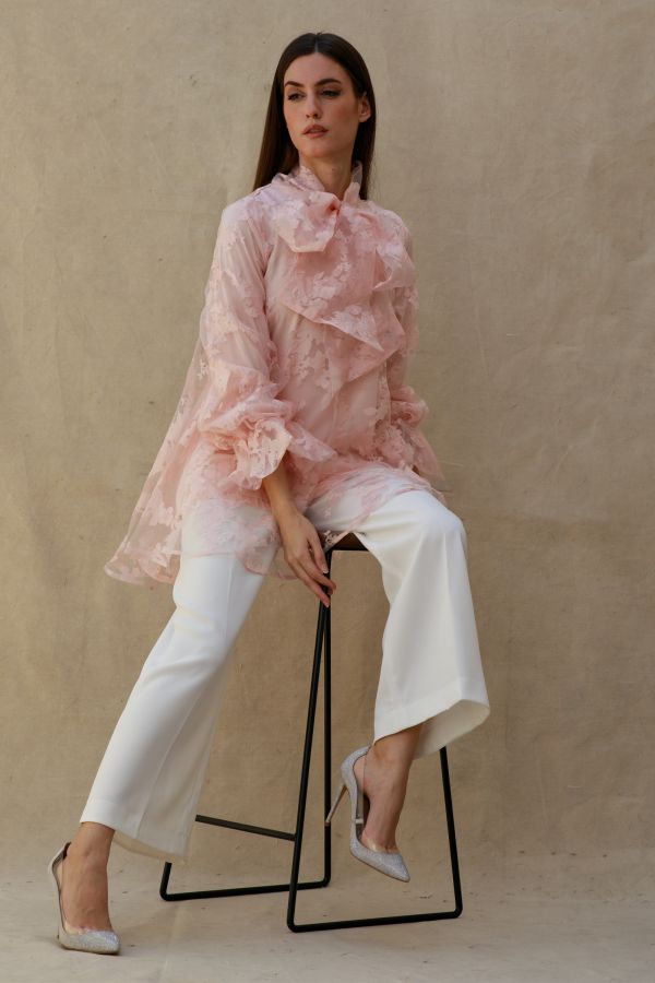 Pink Organza Floral Shirt with Bow
