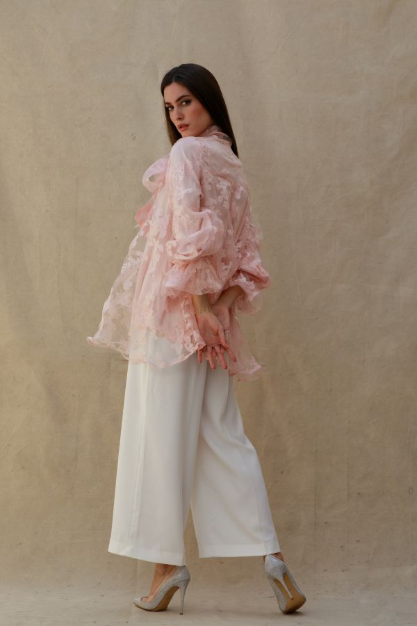 Pink Organza Floral Shirt with Bow