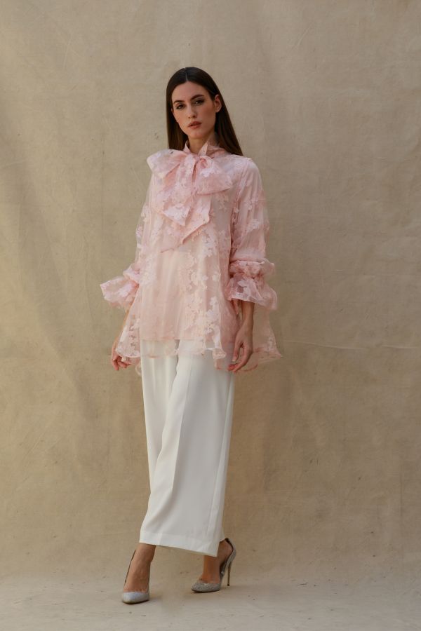 Pink Organza Floral Shirt with Bow