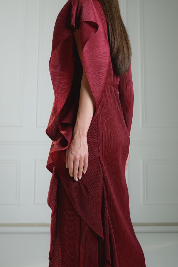 Burgundy Asymmetric Pleated Dress
