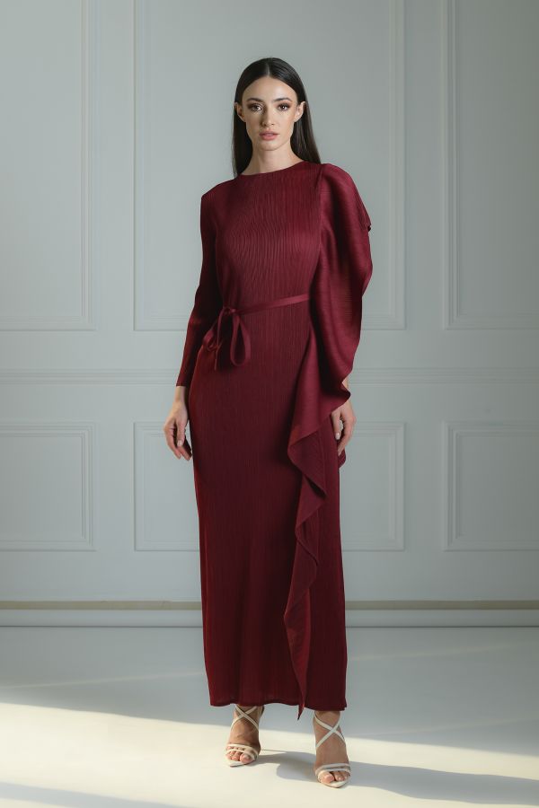Burgundy Asymmetric Pleated Dress