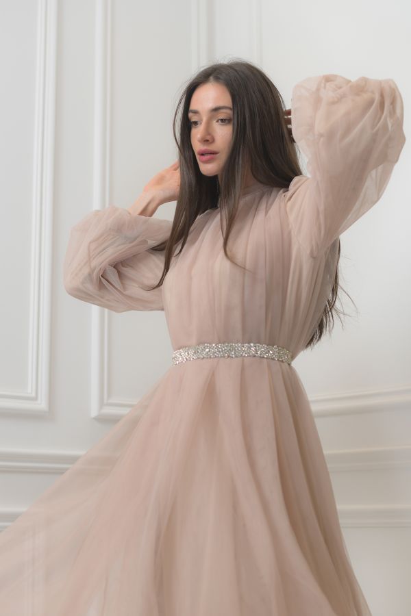 Beige Tulle Dress with Embellished Belt Le Merge