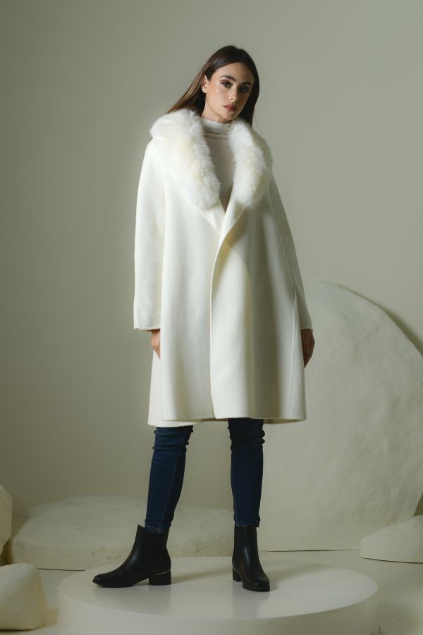 Cream Wool Jacket With Faux Fur Collar 